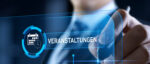 Hand bedient eine digitale Oberfläche mit Kalender- und Uhrsymbol sowie dem Schriftzug „Veranstaltungen“